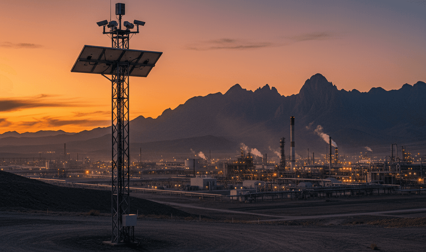 RadiusVision solar-powered surveillance system protecting a remote industrial site at dusk