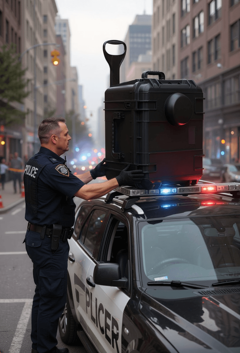 Police officer setting up a RadiusVision Rapid Deploy Kit for rapid surveillance deployment from a patrol vehicle