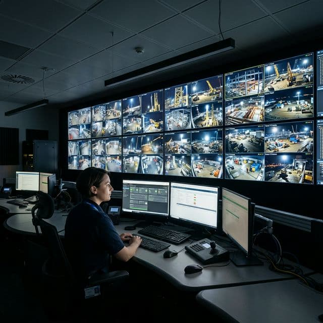 Security operations center with live surveillance camera feeds on multiple monitors