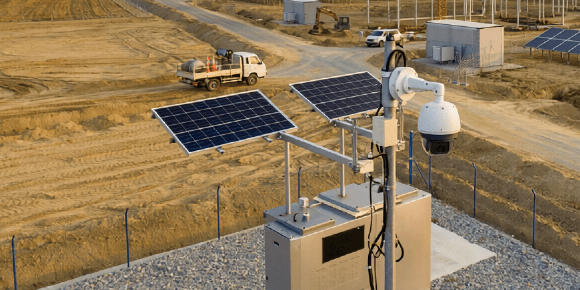 Open-pit mining operation with surveillance cameras overlooking the site