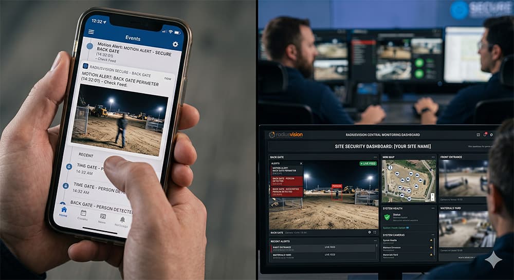 RadiusVision battery powered system sending verified video alarm to monitoring center and mobile device