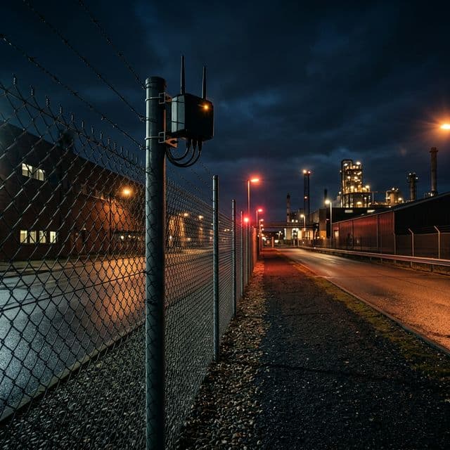 Aerial view of secured industrial perimeter with surveillance cameras along the fence line