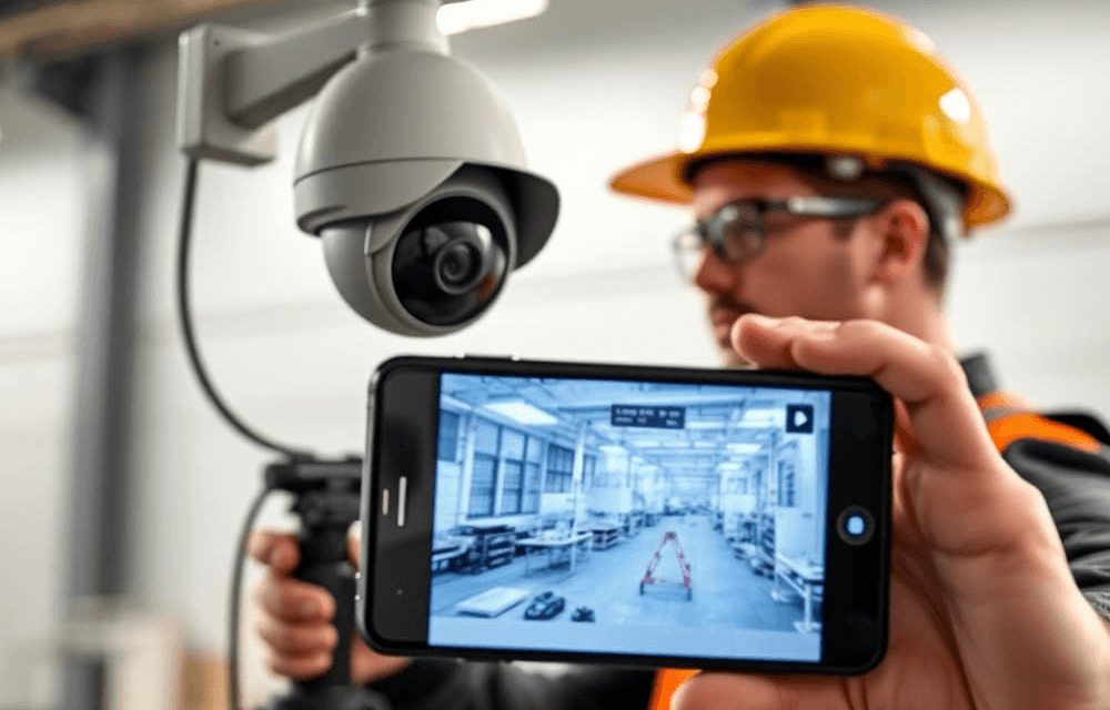 Operator completing surveillance kit deployment with PTZ camera active and smartphone showing live feed