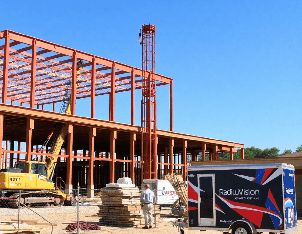 Construction site with RadiusVision mobile trailer monitoring equipment and materials