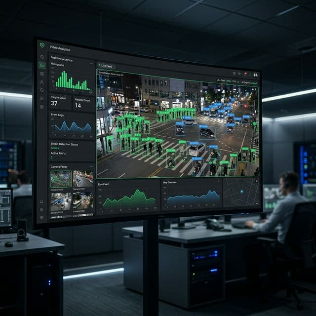 Security operator verifying a detected intrusion alert on monitoring screens